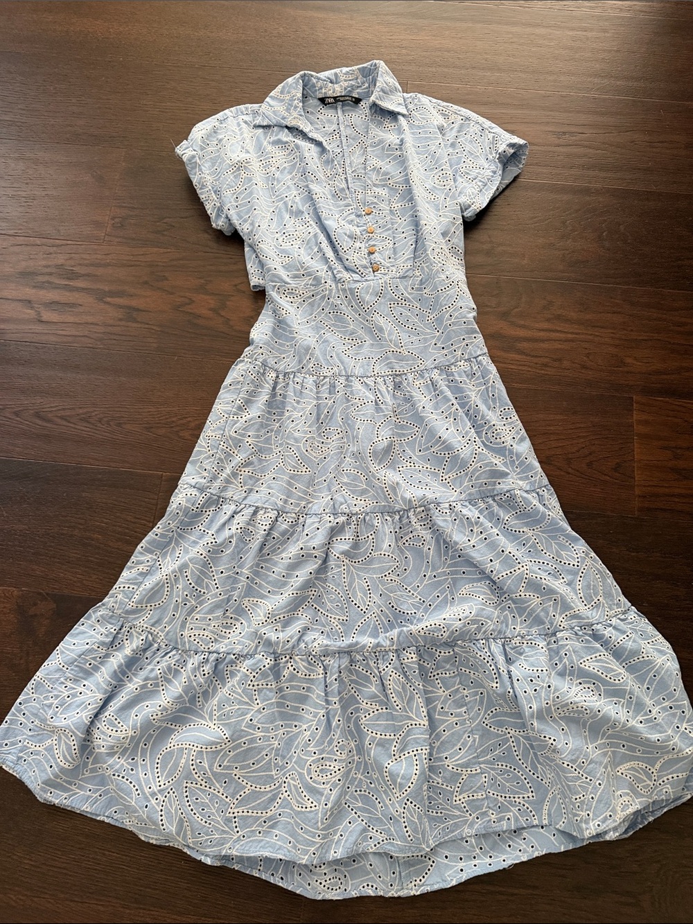 Zara Light Blue Eyelet Tiered Midi Dress
